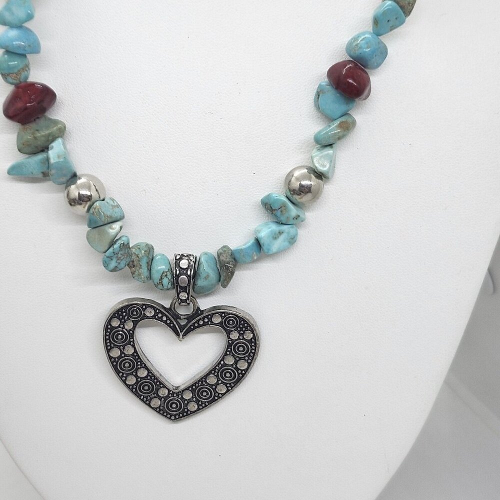 Faux Turquoise And Coral Bead Necklace With Heart Pendant